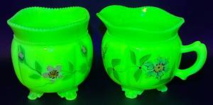 lot 38 image: Antique Tarentum Glass Floral Custard Glass Creamer and Sugar - Uranium Glass