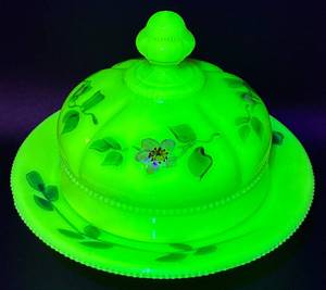 lot 37 image: Antique Tarentum Glass Floral Custard Glass Butter Dish with Lid - Uranium Glass