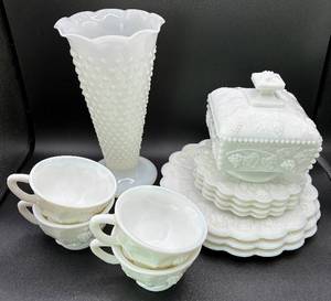 lot 44 image: 12 Pc. Westmorland Milk Glass Set and Milk Glass Hobnail Vase