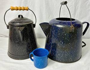 lot 97 image: Vintage Blue Enamel Ware Cowboy Coffee Pot,  Vintage Black Coffee Pot with Cover and Blue Enamel Cup