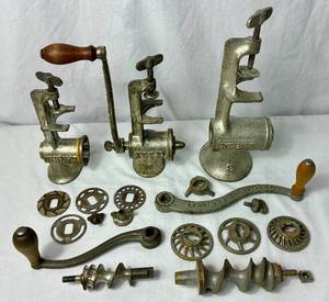 lot 98 image: 3 Vintage Meat Grinders - Universal 3, Climax 51 and Larkin and accessories