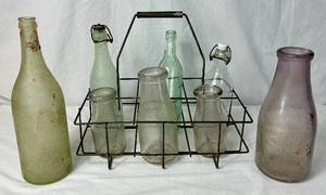 lot 89 image: Assorted Collective of 8 Vintage Bottles and Wire Milk Crate with Wood Handle