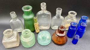 lot 90 image: Unique Collection of 14 Vintage Small Glass Bottles - Including 2 Uranium Glass Pieces