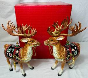 lot 122 image: Fitz and Floyd Christmas Lodge Deer Taper Candleholders Pair