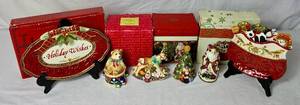 lot 126 image: Fitz and Floyd Holiday Entertaining - Woodland Holiday Snack Plate, Damask Holiday Tray, Regal Holiday Salt & Pepper, Old Fashioned Xmas Salt & Pepper