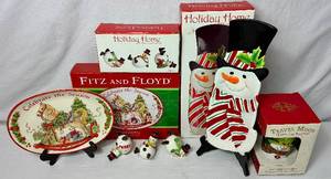 lot 125 image: Fitz and Floyd Snowman Collection- Celebrate the Season Tray, Holiday Home Server, Holly Hat Snowman Travel Mug and Holiday Wishes Tumblers