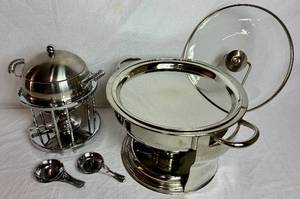 lot 132 image: Buffet Chafing Dish Set - 12 Round Chafing DishWarming Pan and Smaller 6 Chafing DishFondue Pot