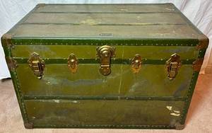 lot 20 image: Antique Travelwell Steamer Trunk made by Schmit Trunk Company - Oshkosh, WI