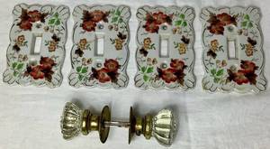 lot 43 image: 4 Vintage Kelvin Fine China Switch Plate Covers and Antique Glass and Brass Door Knob