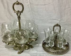 lot 55 image: Vintage Silver Plate Cavalier Round Gallery Rim Serving Tray with 6 Cordials and 6 Crystal Cut Brandy Glasses with Caddy