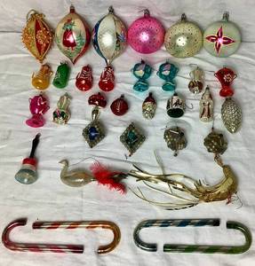 lot 24 image: Collection of 6 Vintage Handpainted Mercury Glass Ornaments and an Assortment of Vintage Ornaments