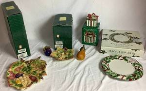 lot 128 image: Fitz and Floyd Plaid Christmas Cookie for Santa Plate, Happy Holidays Lidded Box, plus Venetian Romance Salt & Pepper and Canape Plate