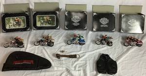 lot 133 image: Harley Davidson Collection - Ornaments, Winged Pin, Key Chain and Black Leather Storage Bag