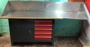 lot 11 image: 5 Drawer and 3 Shelf Workbench with Press Board Top (2 keys included)