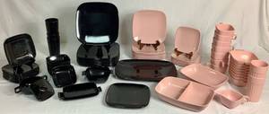 lot 61 image: Vintage Pink and Black MCM Melmac Dinnerware Set - Includes Both Arrowhead, Brookpark, and Crystalon Glasses