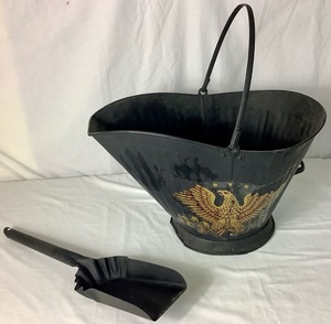 lot 75 image: Vintage Black Metal Coal Carrier with Shovel  20 x 13 x 12 H