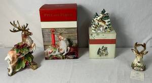 lot 127 image: Fitz and Floyd Woodland Holiday Napkin Holder, 2002 Enchanted Holiday Christmas Bell and Regal Holiday Candleholder