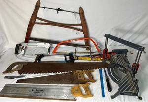 lot 151 image: Mulitple Hand Saw Lot Plus Craftsman Mitre Saw Stand