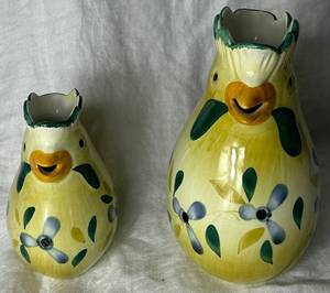 lot 205 image: Two Chicken Ceramic Pitchers by Marketplace -Olive and Pit Pattern Made in Italy