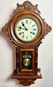 lot 7 image: Antique Ansonia Hand Carved Wooden Regulator Wall Clock