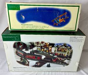 lot 233 image: Department 56 Village Express Electric Train Set and Village Animated Biplane Up in The Sky
