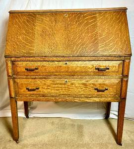 Antique Tiger Oak Secretary Drop Down Desk with Two Drawers 35" W x 15.5" D x 41" H