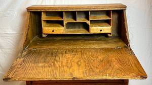 Antique Tiger Oak Secretary Drop Down Desk with Two Drawers 35" W x 15.5" D x 41" H