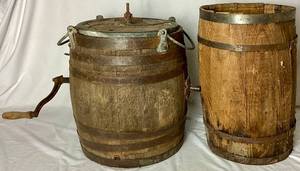 lot 297 image: Antique Star Oak Wooden Barrel Butter Churn 17 x 14 with Iron Bands, Hand Crank (bottom is inserted but loose) and Antique Wood Barrel with Iron Bands (no lid)