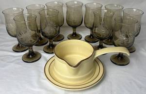 lot 183 image: Pfaltzgraff Collection, (11) Etched Glass Goblet Set with Village #434 Handled Gravy Boat and Matching Drip Plate