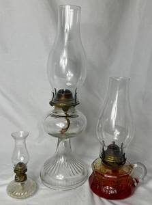 lot 198 image: Vintage Collection of 3 Hurricane Glass Oil Lamps