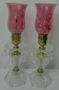 lot 212 image: Vintage Pair of Etched Cranberry Glass Boudoir 15 Hurricane Style Style electric Lamp