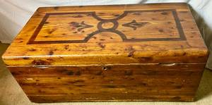 lot 68 image: Vintage Cedar Chest with inlaid Wood Design on Cover
