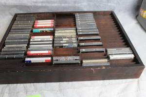 lot 36 image: Vintage Cassette Tape Collection with Wooden Storage Box