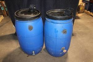 lot 37 image: Pair of Blue Plastic Water Storage Barrels with Fittings