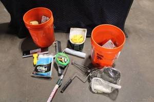 lot 43 image: Set of Painting and Decorating Supplies with Buckets and Tools