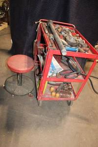 lot 49 image: Industrial Red 3M Tool Cart with Assorted Pipes and Fittings