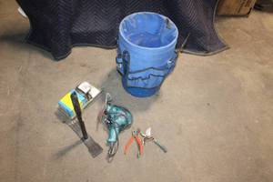 lot 57 image: Assorted Hand Tools with Bucket Caddy and Makita Drill