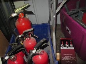 lot 75 image: Large recycling tote of Fire exting...