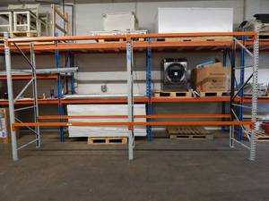 lot 81 image: 2 Connected Sections of Pallet Racking - 36 Uprights, 8 Beams (Orange)- 4 shelves