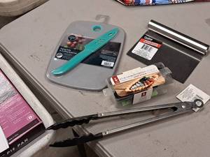 lot 604 image: Kitchen Utensils - Tongs, Set of 6 Tartlets, ChopperScraper, Paring Knife & Cutting Board Set