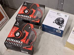 lot 622 image: (2) Bass Jaxx Ultramax Headphones and (1) Insignia 4 Mini Personal Fan