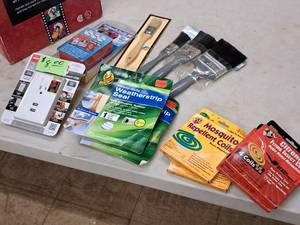 lot 625 image: Assorted Home Items - Weatherstrip Seal, Assorted Paint Brushes, Repellent Coils, USB Power Wall Plug, One Second Needle Sewing Kit 101-pc
