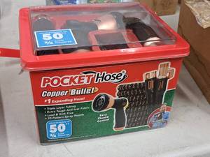 lot 690 image: Pocket Hose Copper Bullet 50 Expanding Hose Set - Hose, Spray Nozzle Assortment (in original packaging)