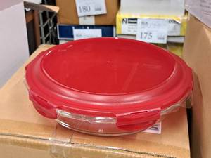 lot 714 image: Lock & Lock 11 Round Glass Storage Container with Red Plastic Lid (in original packaging)