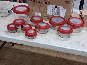 lot 723 image: Lot of (10) Anchor Hocking Fire King Glass Bowl With Red Top (1) 6Dx6-12, (2) 6Dx3-12, (3) 5Dx3, (4) 4Dx2