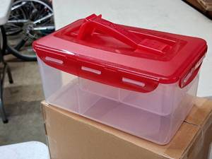 lot 718 image: Lot of (1) Lock & Lock Plastic Storage Container with Red Plastic Lid  Multiple Organizer Compartments