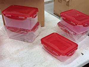 lot 717 image: Lot of (5) Lock & Lock Plastic Storage Container with Red Plastic Lid
