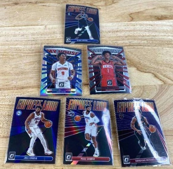 lot 185 image: 2023-24 Panini Donruss Optic My house & Express Lane- Embid, Thompson, George, Mitchell, Irving T