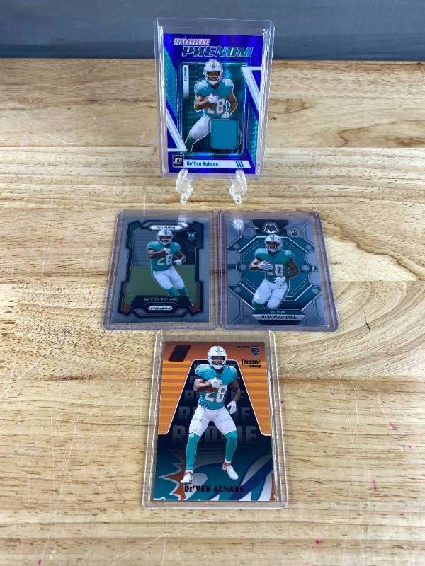 lot 176 image: DeVon Achane Miami Dolphins NFL Football Rookie Cards, Panini Prizm, Mosaic, and Zenith T