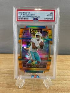 lot 44D image: 2021 Tua Tagovailoa Select Die-Cut Orange Prizm PSA Graded 8 J